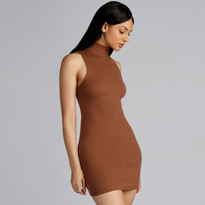 KENDAL HIGH NECK DRESS IN BROWN