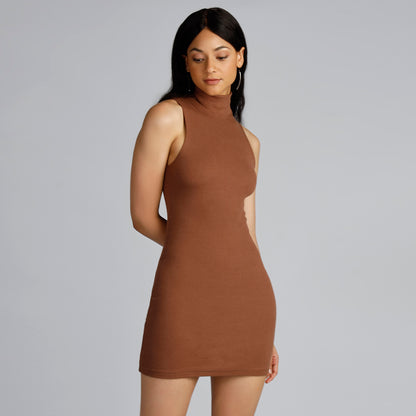 KENDAL HIGH NECK DRESS IN BROWN