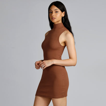 KENDAL HIGH NECK DRESS IN BROWN