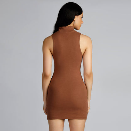 KENDAL HIGH NECK DRESS IN BROWN